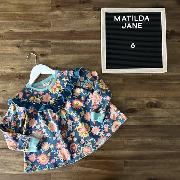 Matilda Jane Wonderment Flower Forest Blue Pink Long Sleeve Ruffle Tunic Top 6 - Picture 1 of 8